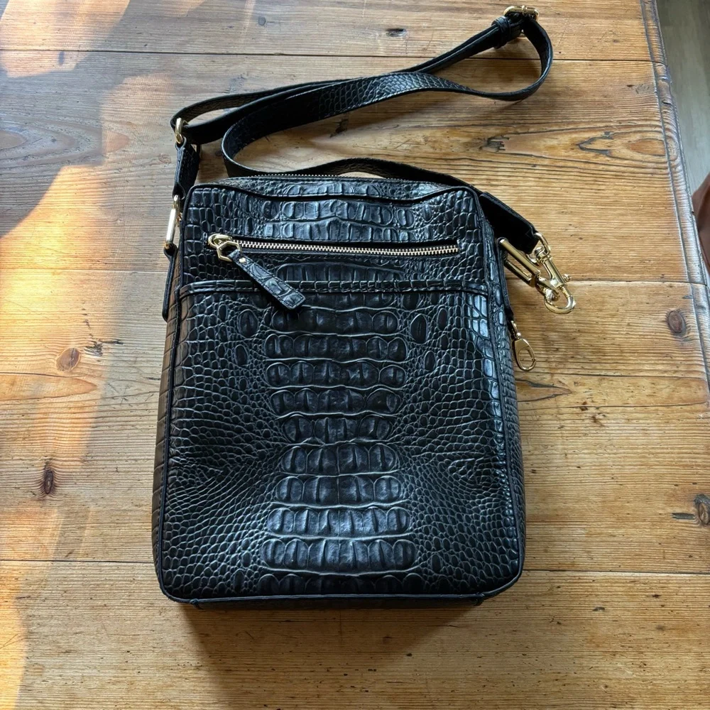 Black Croc-Embossed Crossbody Bag with Yellow Floral Accent